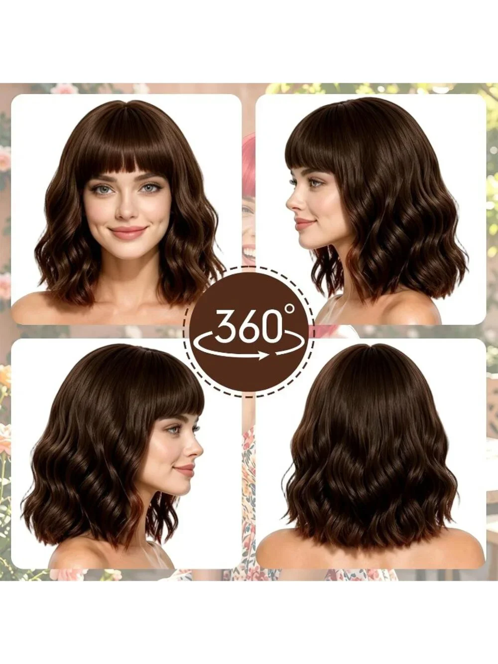 Women's Brown Curly Bob Synthetic Wigs Bangs With Neon Heart Sunglasses